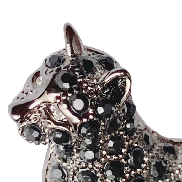 Black Rhinestone Brooch Figural Running Cat Silver Tone Sparkly Costume Jewelry - Picture 4 of 10